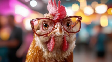 A quirky chicken wearing stylish glasses poses playfully, offering a delightful look at humor and personality within an engaging, vibrant atmosphere of color.