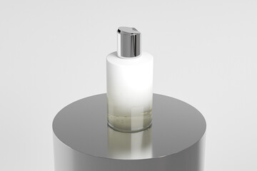 luxury cosmetic plastic bottle with disk top flip cap mockup, metallic flat disk cap shampoo packaging, round skincare container, small cylindrical shape squeeze bottle, short cylinder shape bottle