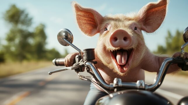 A whimsical pig, joyfully smiling as it rides a motorcycle down an open road, embodies a playful spirit and carefree adventure in a humorous setting.