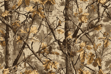 Realistic forest camouflage pattern for hunting. Hunting Seamless pattern.An illustration of camouflage wallpaper featuring oak leaves and branches in earth tones and seamlessly blending . © Adil Rasheed