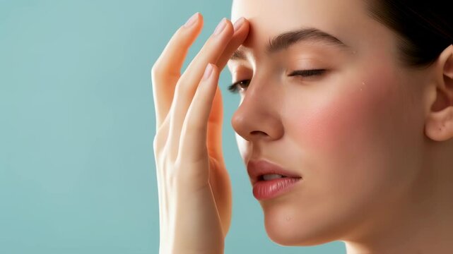 Woman with closed eyes spraying her face with a hydrating mist. Refreshing skincare routine with thermal water or toner. Footage for cosmetic product advertising on a blue background