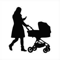 Mother Pushing Stroller and Using Phone Silhouette - Parenting Modern Lifestyle