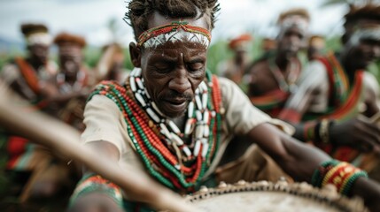 A close-up of a traditional drummer immersed in music during a vibrant cultural dance performance, showcasing the rich heritage and the energy of the performance.