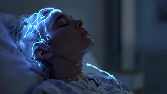 Neurological examination of a female patient wearing a hospital gown, lying on a bed and undergoing an electroencephalogram to study brain activity