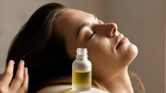 Woman relaxing during a scalp massage with essential oil at a spa salon. Aromatherapy and hair treatment for wellness and stress relief. Oil bottle in the foreground for product placement