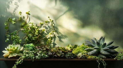 Succulents displayed on a wooden shelf, bathed in sunlight, creating a tranquil and lush indoor garden scene.