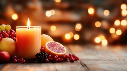A warm candle illuminates seasonal decorations including fruits and pine, creating a cozy ambiance suited for festive gatherings, evoking warmth and comfort in winter settings.