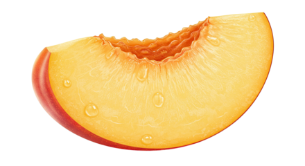 Close-up of a juicy peach slice with water droplets against a black background