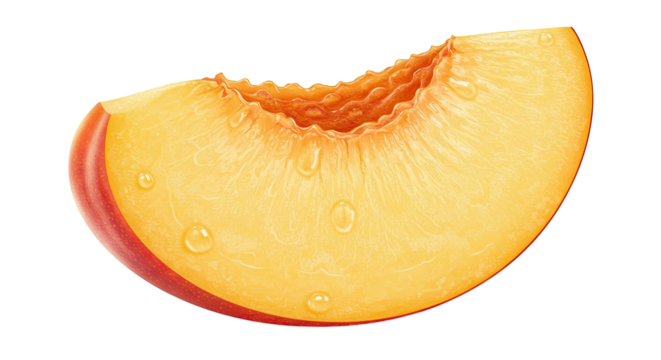 Close-up of a juicy peach slice with water droplets against a black background