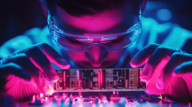 Technician Inspecting Computer RAM Chip with Safety Glasses and Gloves