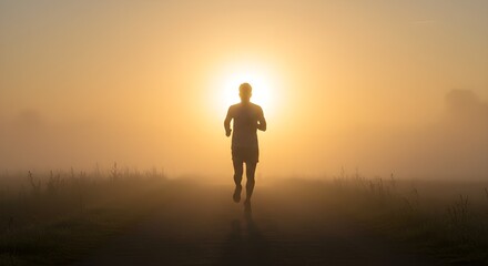 Fototapeta premium Silhouette of a person running during sunrise or sunset in mist
