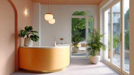 Modern Reception Area with Bright Colors and Lush Greenery