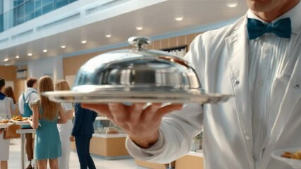 Elegant Service: A well-groomed waiter holds a silver tray with a covered dish, capturing a moment of refined service, conveying professionalism, and inviting anticipation.