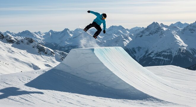 Snowboarder jumping ramp mountains