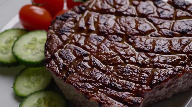 Grilled steak plate with juicy texture, garnished with fresh cucumber and cherry tomato, gourmet beef meal presentation