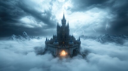 A dramatic gothic castle looms under a stormy sky amidst swirling clouds and distant mountains, creating a mystical and eerie ambiance perfect for fantasy narratives.