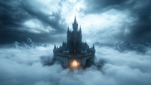 A dramatic gothic castle looms under a stormy sky amidst swirling clouds and distant mountains, creating a mystical and eerie ambiance perfect for fantasy narratives.