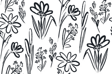 Seamless pattern abstract floral composition. Bouquets of hand-drawn flowers and herbs. Floral drawing with black brush strokes. Minimalistic collage of modern botanical drawings