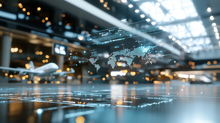 Futuristic design of virtual reality interface displaying world map modern airport setting, evoking sense of innovation