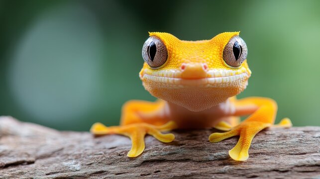 A vibrant orange gecko poses on a branch, its charming smile and large eyes captivating viewers with the beauty and uniqueness of wildlife in their natural habitat.