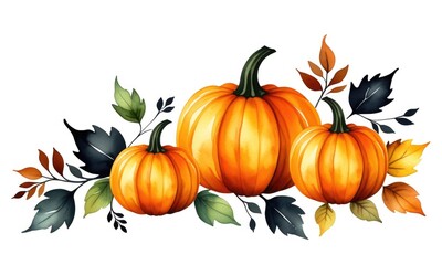 Vibrant autumn pumpkins and leaves on white background for seasonal decor