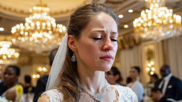 The bride's emotional moment: Capturing the heartfelt emotion of a beautiful bride on her special day with intimate perspective. Focusing on a moment of sentiment.