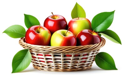 Fresh red and green apples in wicker basket isolated against white background