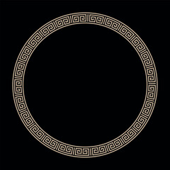 Greek golden meander a black backdrop. Patterns of Greece and ancient Rome. Vector round classic frame. Circle european border. Round antique border from Greek. Typical egyptian, assyrian, greek motiv