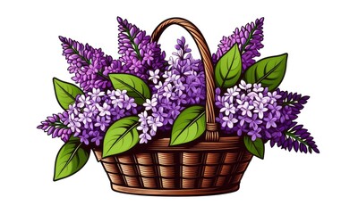 Beautiful lilac flowers in wicker basket with green leaves on white background