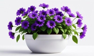 Vibrant purple flowers in white pot against a minimalistic background