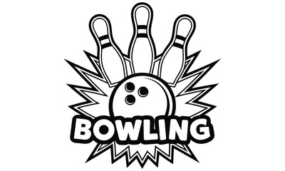 Bowling pins ball and text logo isolated on white background