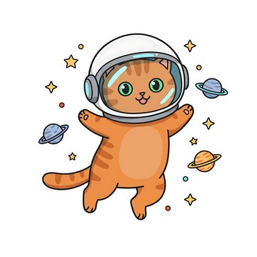 Adorable ginger tabby cat astronaut floats through space among planets and stars a charming cartoon illustration perfect for kids apparel space themes or pet related projects
