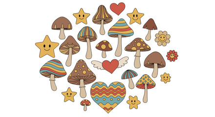 A whimsical collection of vintage inspired mushrooms stars and hearts forming a circle