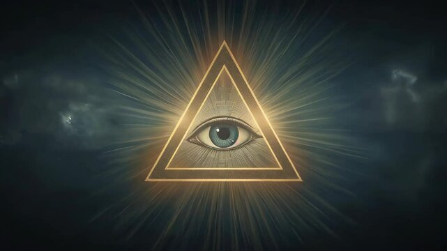 Mystical golden eye inside a glowing triangle radiates powerful energy, symbolizing enlightenment, divine vision, cosmic awareness, secret knowledge, higher consciousness, and spiritual awakening