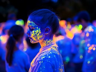 A young girl covered in fluorescent paint glows brightly