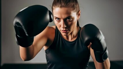 Determined woman boxer in gloves punching towards the camera. Close-up of a female fighter training in a gym. Footage for sports motivation, self-defense classes, and fitness advertising