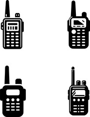 set of minimalist black and white walkie-talkie radio icon for war communication and field ops.
