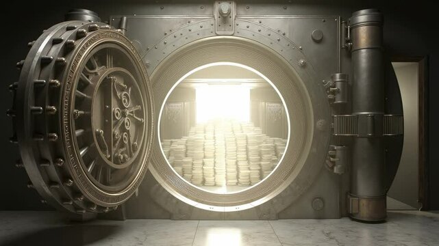 A large metal bank vault door with a pile of money inside