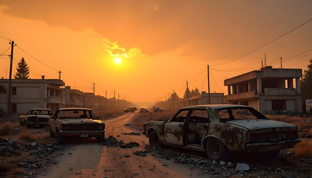 Fototapeta Abandoned Vintage Cars on Dirt Road at Golden Sunset