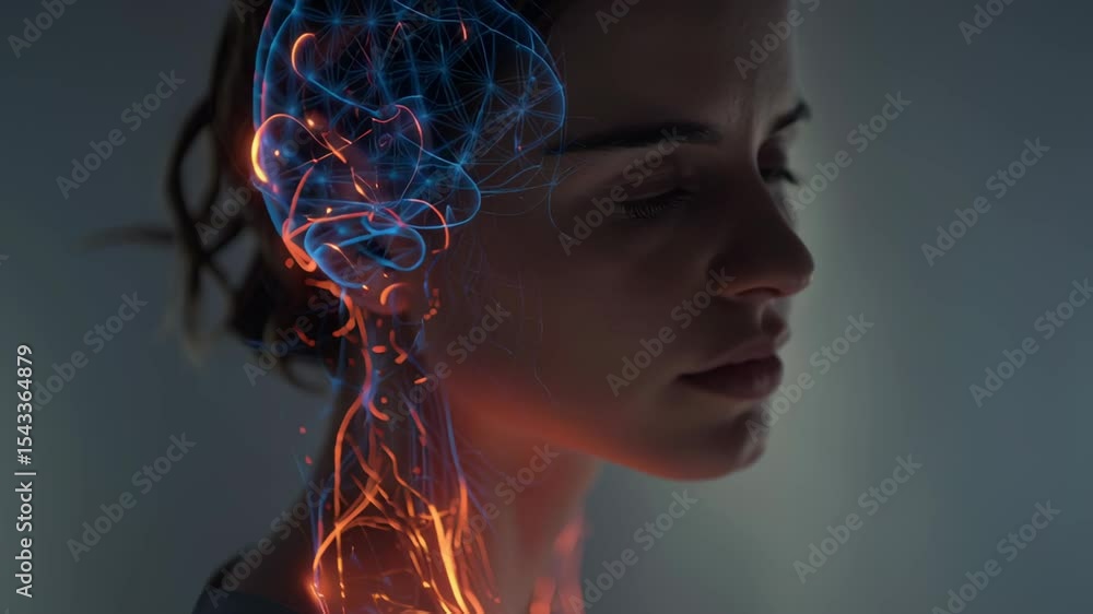 Poster neural network visualization displaying orange and blue particles flowing dynamically from woman's b