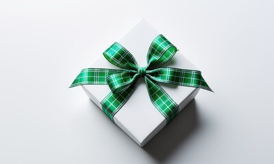 Elegant gift box with green plaid ribbon on white background