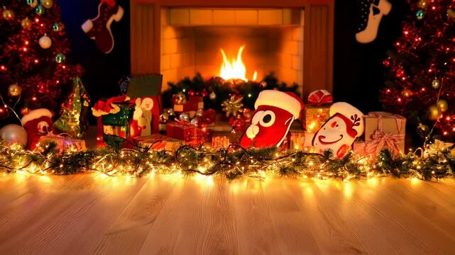 A bright and beautiful Christmas garland glowing on the floor, radiating warm festive light in a cozy setting&mdash;perfect for cheerful, cute holiday wallpapers and seasonal decoration themes