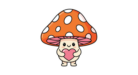 Cute Mushroom Holding Heart Cartoon Character Adorable Fungi Illustration Vector Art Happy Mood