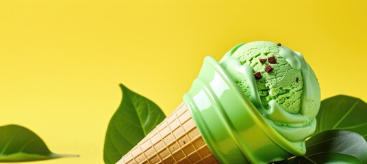 Refreshing green tea ice cream cone with chocolate on bright yellow background