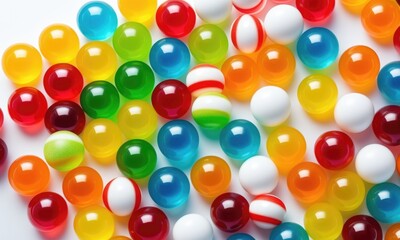 Colorful assortment of bright acrylic balls on white background