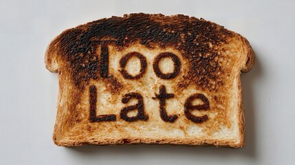 Charred toast branded with "Too Late" visually represents the consequences of delay and inaction, set against a minimalist background.
