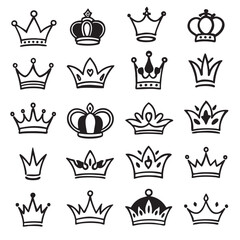 Crown icons in various styles and designs, showcasing elegance and royalty