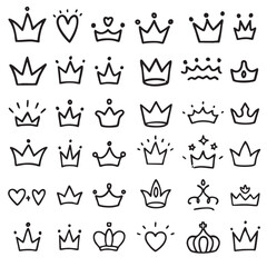Hand drawn crown and heart icons in various styles, perfect for creative projects
