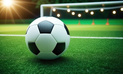Fototapeta premium Soccer ball on green field with goal and lights at sunset