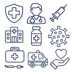 Medical icons including shield doctor syringe hospital medicine bottle virus first aid kit